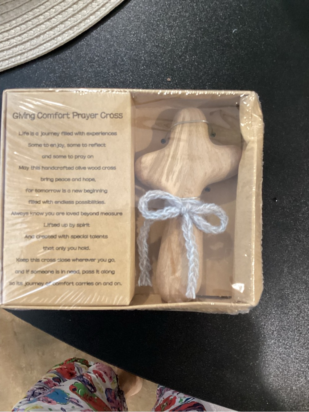 Source Unknown Olive Wood Prayer Cross with Light Blue Bow